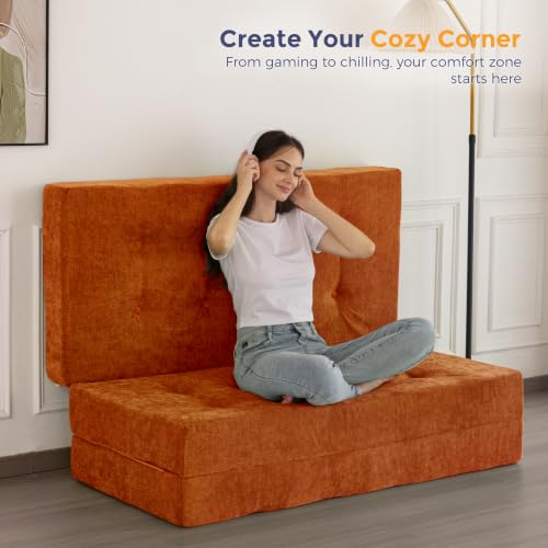 Image of MAXYOYO 6 inch Folding Sofa Bed for Floor, Tufted Tri-Fold Floor Mattress | Queen Size Portable Sofa Couch Guest Mat with Chenille Fabric for Adults, Foldable Topper for Camping, Orange, Queen
