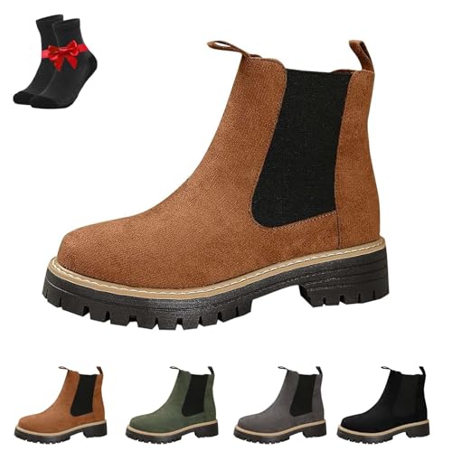SYT-MD Botines elásticos de Punta Redonda for Mujer, Botines de Ante con tacón Grueso, Zapatos Casuales cómodos for Caminar.(Brown,39 EU)