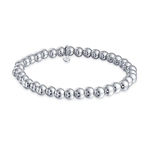 Simple Basic Round 925 Sterling Silver Bead Ball Strand Stretch Bracelet For Women 6MM