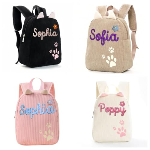 Custom Corduroy Rucksack for Kids, Personalized Embroidered Name Backpack, Lightweight and Spacious Corduroy School Bag for Nursery and Primary School, Adjustable Shoulder Strap(Khaki)