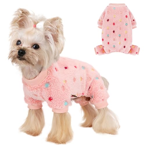 Sebaoyu Fleece Dog Sweater for Small Girl Boy Winter Cute Warm Pajamas Polka Dot Pet Clothes Puppy Yorkie Cat Tiny Outfit Pjs 4 Legs Jumpsuit(Pink,XX-Small)