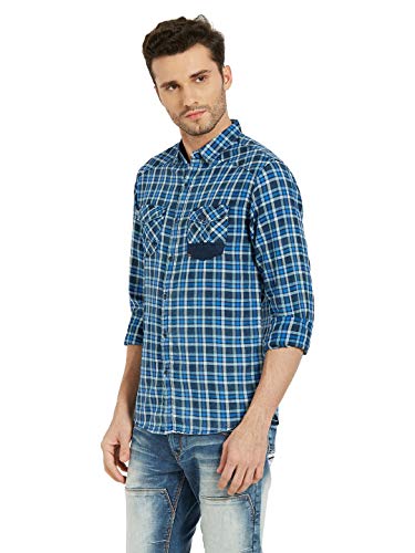 Image of Spykar Mens Cotton Blue Checked Shirts