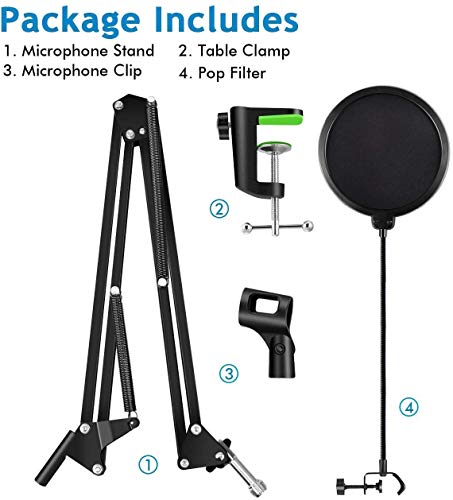 Image of Microphone Stand with Suspension Boom Scissor Arm /Mic Stand Holder /Studio Stand /Adjustable Suspension Boom Scissor /Arm for Voice-over /Gaming /Recording (Pop Filter With Mic Stand, Black)