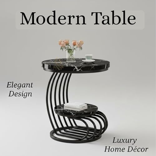 Image of Modern Designer Side Table with Dual Wooden Shelves | Heavy-Duty Metal Frame End Table for Living Room, Bedroom & Sofa Side Use (Black)
