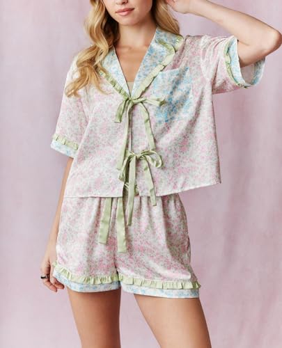 Womens Cute Bow Tie Front Pajamas Summer Y2k Floral Pjs 2 Piece Outfits Puff Sleeve Shirt Ruffle Lounge Shorts Sets2