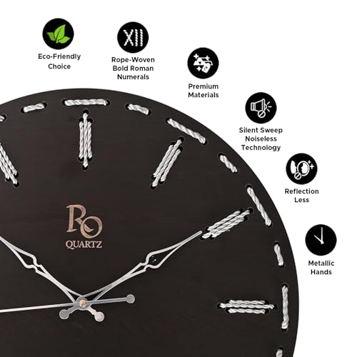 Image of Wooden Round Shape Wall Clock with Silver Hands & Silver Zari Rope Detailing | Handcrafted Silent Quartz Movement Anti Reflection Analog Vintage Clock for Home & Office (Black, 15.5 Inch)