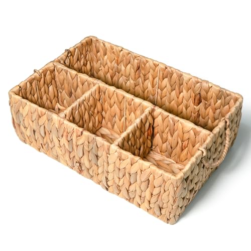 Image of KOKODO Divided Storage Basket Woven Natural Basket Hyacinth for Organizing Bathroom Kitchen Shelves Office Supplies Organization Everyday Wicker Storage Baskets 4 Section Rectangular Tray