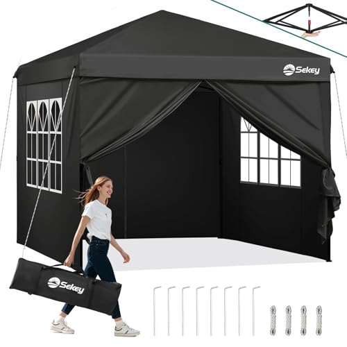 Sekey Pop Up Pavillon 3x3 Wasserdicht Stabil Winterfest, Faltpavillon 3 x 3 m, Camping Pavillion Faltbar Partyzelt mit Seitenwänden, Höhe Verstellbar in 3 Stufen, (Schwarz, Höhe 260)