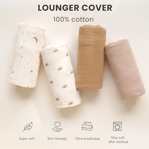 Image of Konssy Muslin Baby Lounger Cover 2 Pack, 100% Cotton Newborn Lounger Cover, Soft and Breathable Baby Nest Slipcover for Boys Girls (Wheat,Moon)