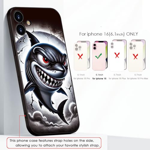 Printed Shark Pattern for iPhone 16 Case, Printed Fierce Red-Eyed Shark Cartoon Silicone Soft Shockproof case,for Girls & Women & boy & Men(B1-Cartoon Shark-Cool)