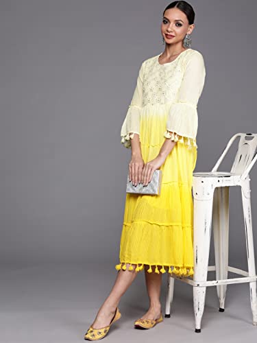 Image of INDO ERA Women's Floral Embroidered Maxi A-Line Dress(Ed0Yl8569 Yellow Xs To 2Xl-Size)