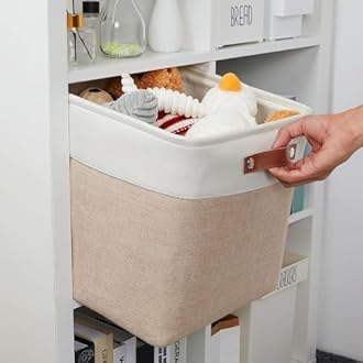 Mangata Collapsible Storage Cube Boxes, 30cm Cube Linen Woven Fabric Storage Baskets with Leather Handles 3pcs (Light Khaki and White)