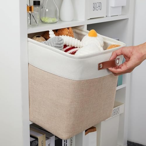 Mangata Collapsible Storage Cube Boxes, 30cm Cube Linen Woven Fabric Storage Baskets with Leather Handles 3pcs (Light Khaki and White)