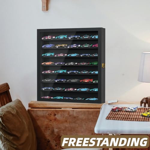 Image of Large Display Case for 1 /64 Scale Model Cars, Wall-Mounted or Freestanding Wood Display Cabinet for Hot Wheels, Rocks, Challenge Coins, Mini Toys, Minifigures, UV Protection Shadow Box, Black