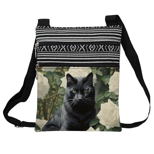 Camellia Black Cat Messenger Bag Small Ethnic Pattern Printed Adjustable Strap Crossbody Zipper Bag Camellia Black Cat Phone Bag Wallet Cute Shoulder Handbag for Women