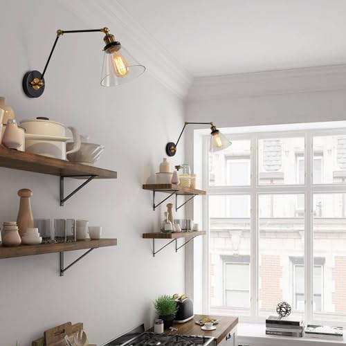 Image of LALUZ Black Glass Wall Sconces Lighting, Modern Gold Industrial Swing Arm Plug in or Hardwired Adjustable Wall Lamp with Antique Brass Finish for Bedroom, Kitchen, and Living Room