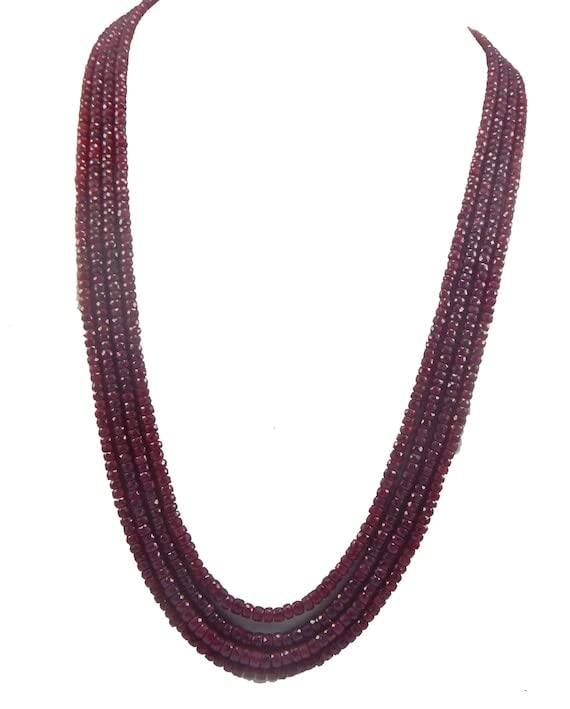 LKBEADS Naturalny podgrzewany rubin AA szlachetne kamienie szlachetne, bogate błyszczące fasetowane oponki 3-4 mm 4 sznur 1 naszyjnik 48 cm