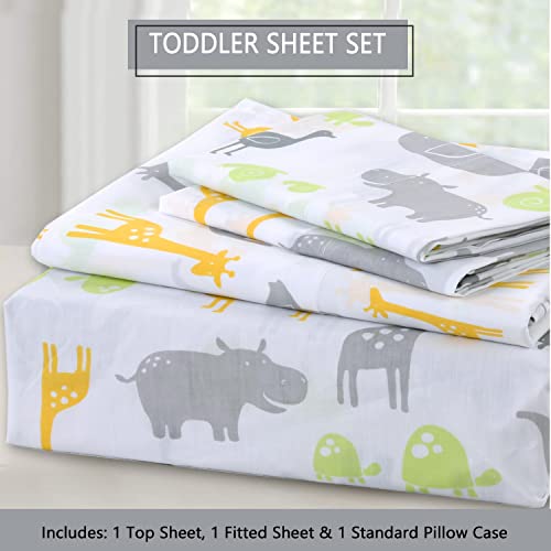 Image of 100 Cotton 3 Piece Toddler Sheet Set, Soft Breathable Crib Bedding Set for Boys Includes a Flat Sheet, a Fitted Sheet, a Pillowcase, Safari Fun Animals Elephant Giraffe Hippo Grey