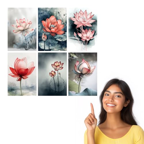 Image of SiddArtify Lotus Flower Wall Art Prints Set - Watercolor Floral Poster Decor for Living Room Bedroom Office - 12x18 inch Sticker Pack of 6