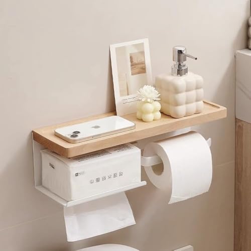AKILERトイレットペーパーホルダー無垢材おしゃれ和風多機能木製トイレットペーパーラック・バスルーム収納棚・穴あけ不要・トイレ用ティッシュボックス紙巻器棚付き収納トイレットペーパーホルダートイレットペーパーハンガーオイル仕上げ天板小物置き簡単設置浴室トイ