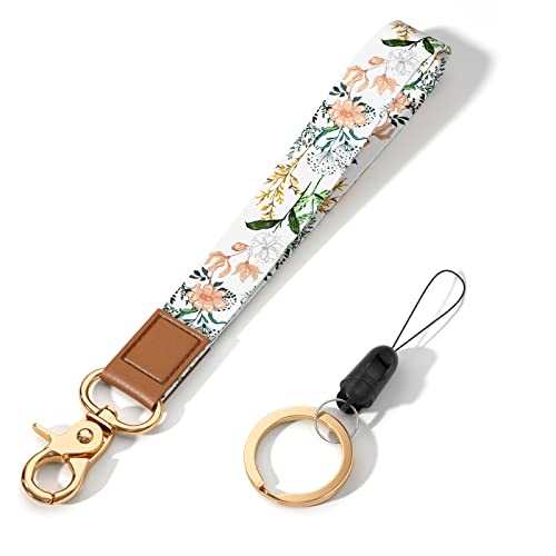 Hsxnam Wrist Lanyard Key Chain, Cute Wristlet Strap Keychain Holder for Women Keys Car Airpods ID Badges Phone, White Flower