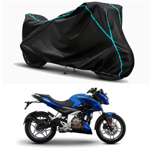 Image of Waterproof Bike Body Cover Compatible for | Bajaj Pulsar N160 ABS BS6 | Taffeta Fabric, Sky Piping Design, Bottom Elastic Fit | Dustproof, Sun UV & Rain Protection for All Weather.