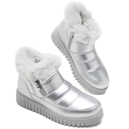 kufeiti Botas de invierno con forro de piel para mujer, botas de nieve con cremallera lateral, botas antideslizantes para trabajo al aire libre, plateado, 39 EU