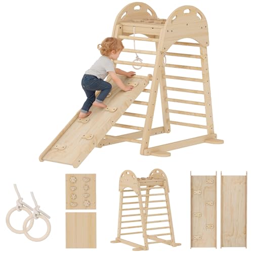 AIYAPLAY 6 en 1 Triángulo de Escalada Montessori, Estructura de Escalada de Madera con Plataforma, Anillos y Tobogán, para Deslizarse o Escalar, para Niños de 18-48 Meses, Interiores, Natural