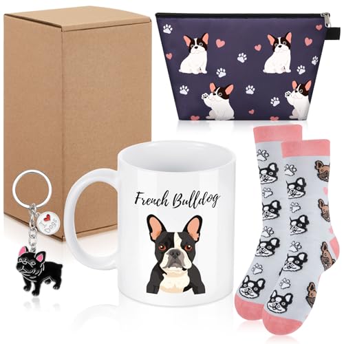 Nuenen Set di 5 Regali a Tema Cani Include Tazza da Caffè Divertente in Ceramica Calzini Portachiavi con Scatola Borsa per Trucco Biglietto di Auguri Regali per Amanti di Cani (Bulldog Francese)
