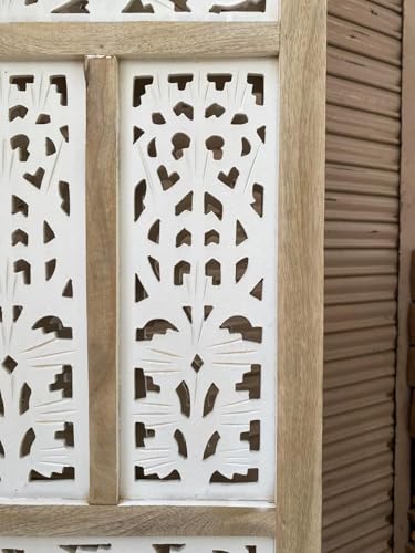 Image of Home & Goods International Wooden Room Divider Partition - Foldable Wood Screen Separator for Living Room, Bedroom, Office, Restaurant - Kangra Badrun, Natural & White (4 Panel with Stand)