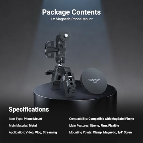 Image of NEEWER Magnetic Mobile Phone Holder with Super Clamp, Adjustable Metal Holder with 1 /4 Inch Screw and Ball Heads, Magic Arm Compatible with MagSafe iPhone for Pole, Tripod, Microphone Stand, Table