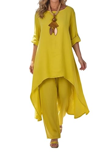 TIAFORD Women's Yellow Linen-Blend 2 Piece Outfit Set Asymmetric High-Low