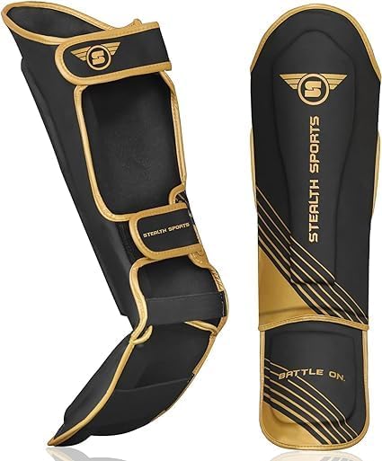Stealth Sports Shin Guards – Boxing Muay Thai Instep Leg Protector for Martial Arts, Kickboxing, BJJ, Karate, Taekwondo – PU Leather reinforced MMA Shin Guards – Leg Instep with Foam Padding (L/XL)