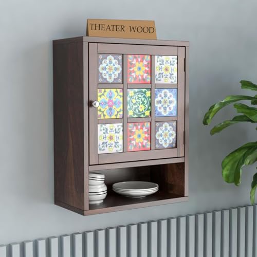 Image of Sheesham Wood Kitchen Cabinet for Home | Wall Mounted Kitchen Rack with Storage | Wooden Kitchen Unit /Organizer with 1 Door & 1 Shelf Storage (Walnut Finish)