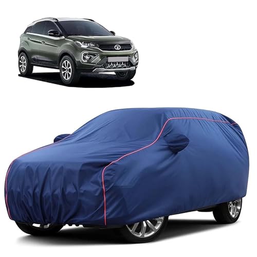 Image of Sulfar 100% Water Resistant Car Body Cover Compatible with Mirror for Tata Nexon (Triple Stitched, Full Bottom Elastic, Blue Taffeta with Red Piping)