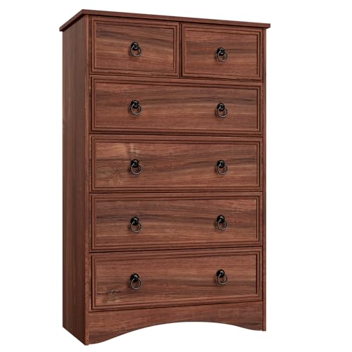 VVFLU Dresser for Bedroom Tall, Mid Century Modern 6 Drawer Dresser, Cherry Wood Chest od Drawer with Large Storage for Clothes, Vintage, for Living Room, Bedroom, Hallway