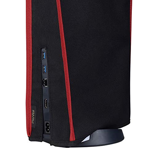 PlayVital Black Nylon Dust Cover for PS5, Soft Neat Lining Dust Guard for PS5 Console, Anti Scratch Waterproof Cover Sleeve for ps5 Console Digital Edition & Disc Edition - Red Trim