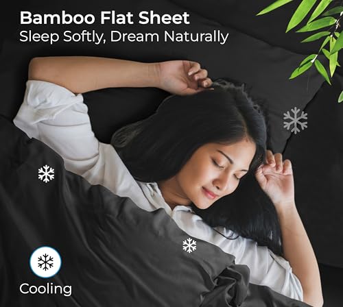 Image of Royale Linens Bamboo Viscose Full Flat Sheets Only - Cooling Sheets - Organic Viscose Derived from Bamboo - Full Size Flat Sheet Only - Top Sheet - Breathable & Silky Bedding (Full, Black)