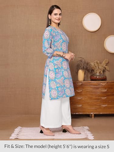 Image of rangita Blue Cotton Knee Length Printed Straight Kurti for Women | Kurta for Women