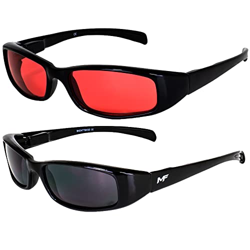 2 Pairs of MF Eyewear Bad Attitude Cool Wraparound Motorcycle Sunglasses Black Frames with Red & Dark Smoke Lenses