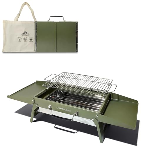 Charmline 39 * 27cm Barbacoa de Carbón para Camping, Picnic, Jardín y Playa, Pequeño Barbacoa Carbon Portátil Plegable, BBQ Portatil Para Uso en Exteriores, Verde