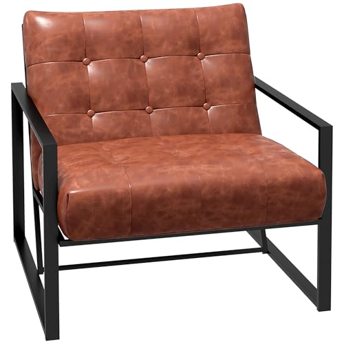 HOMCOM Silla de salón Chesterfield Sillón Relax Asiento Respaldo tapizado Estructura Metal Negro Revestimiento sintético Rojo Oxidado