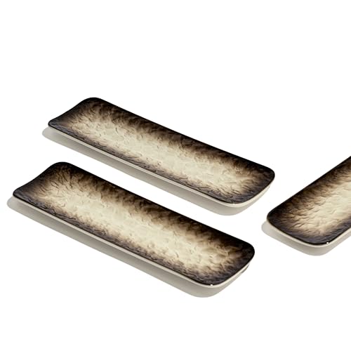 Image of Beyond Homes Ceramic Sushi & Dimsum Serving Trays Set of 3 | 10 Inch Long Rectangular Plates | Ceramic Platter Plates for Serving Snacks, Momos, Sushi & Desserts | Microwave & Dishwasher Safe | Beige