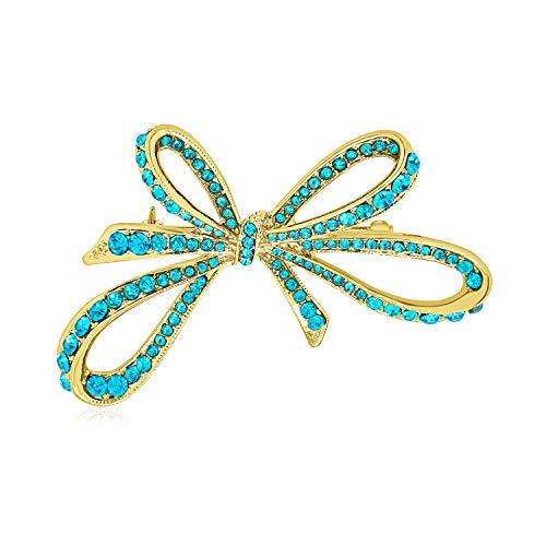 Image of Bling Jewelry Winter Wedding Holiday Aqua Glittering Crystal Bridal Fashion Large Statement Ribbon Bow Scarf Brooch Pin For Women Gold Plated