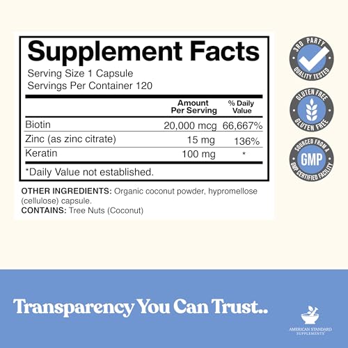 American Standard Supplements Biotin 20,000mcg with Keratin, Coconut Powder and Zinc, Biotin Supplement for Women and Men,120 Veggie Capsules, 120 Day Supply - Image 3