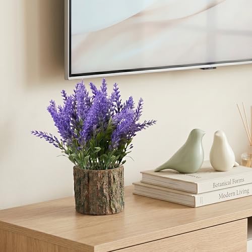Image of Dekorly Artificial Lavender Flower with Real Wooden Vase (28CM Overall Height) | Decorative Lifelike Faux Floral Plant in Rustic Tree Log Pot for Living Room(Lavender Flower)