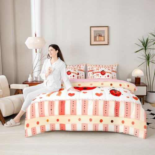 Image of Cartoon Ladybug Bedding Sets Queen Red Orange Bowknot Hearts Comforter Set Watercolor Stripes Grid Rustic Style All Season Comforter Flat Sheet Fitted Sheet 2 Pillowcases 2 Throw Pillow Covers 7 Pcs