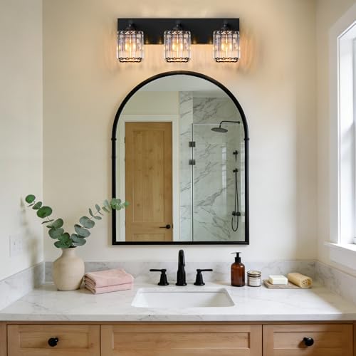 Image of Black Crystal Bathroom Vanity Light, 3-Light Modern Bathroom Lighting Fixtures Over Mirror, Matte Black Wall Sconce Light Fixtures with Square Shade