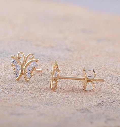 14K Solid Yellow Gold Womans Cz Cubic Zirconia Small Butterfly Stud Earrings Girls 2Nd Gold Studs - 0.22In #TOP2