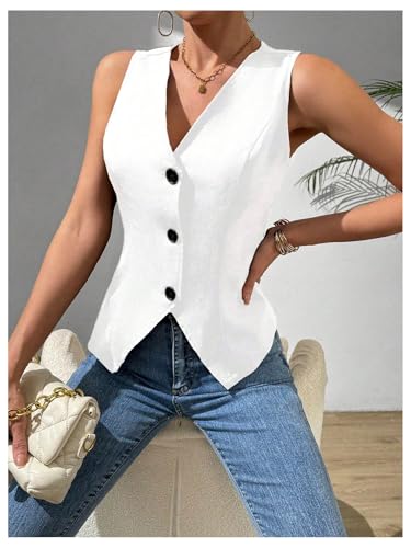 Verdusa Women's Button Down V Neck Blazer Vests Old Money Split Sleeveless Asymmetrical Jacket Vest4